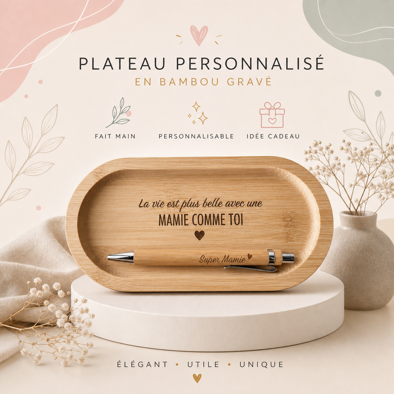 Plateau en Bambou Gravé